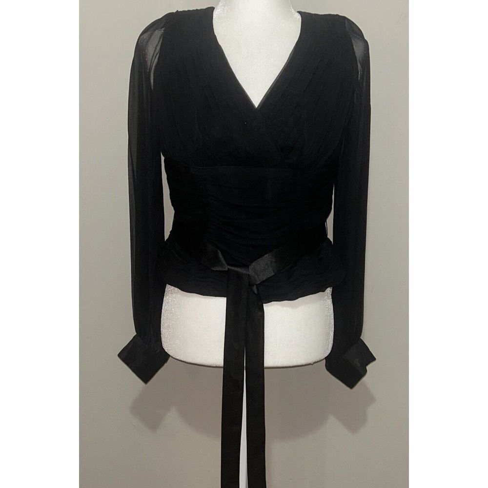Veronique Young for W Black Silk Top Front/Back V - Sheer Sleeve Ruched‎ Size 8